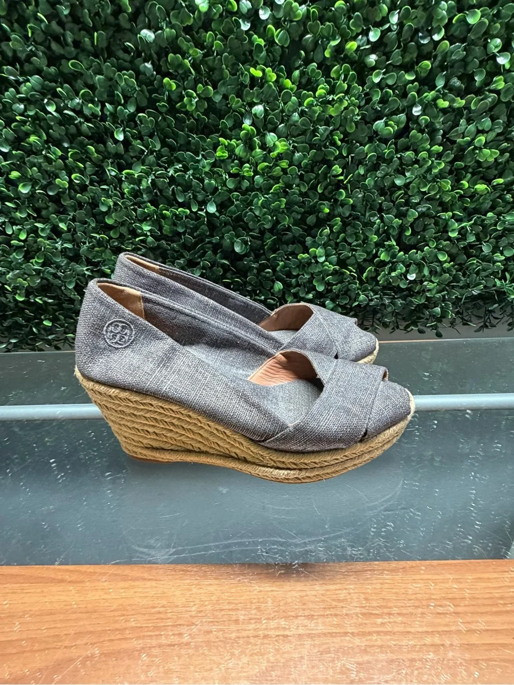 Tory Burch Gray Wedge Espadrille Peep-Toe